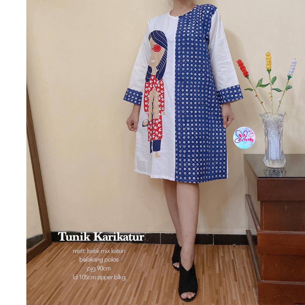 [PREMIUM] Tunik Karikatur #2 Batik Kombinasi Bu Tejo Jamu Gendong Midi Handmade Muslim Modern Kerja