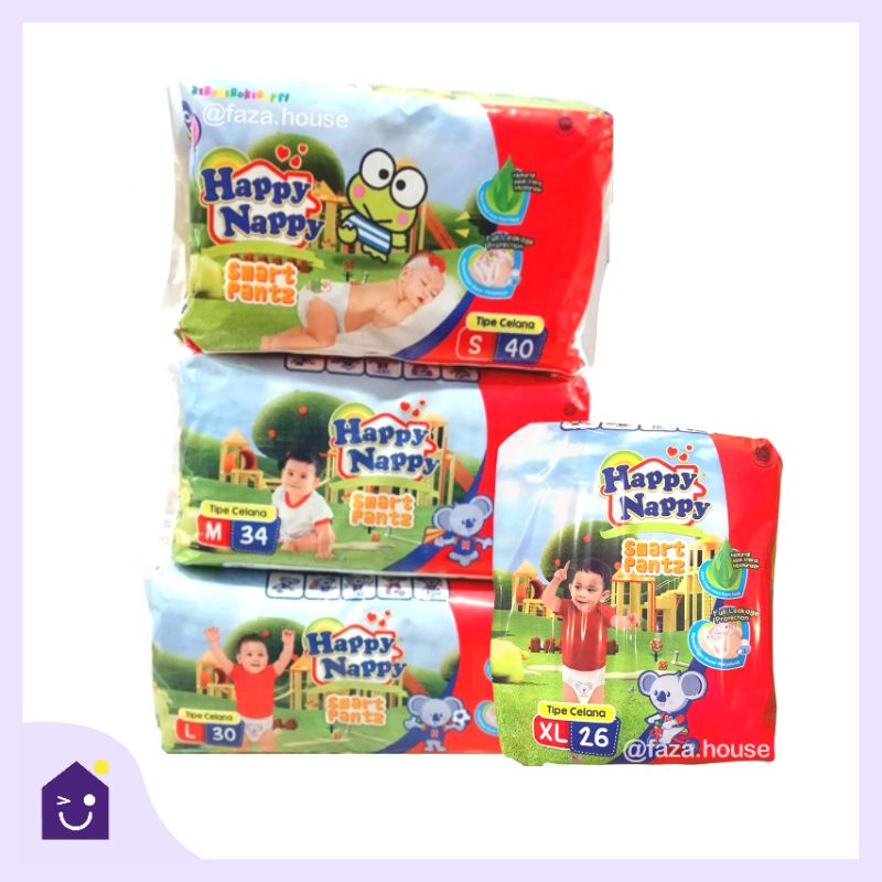 HAPPY NAPPY SMART PANTS S40, M34, L30, XL26, TIPE CELANA, POPOK HAPPY NAPPY, PEMPES HAPPY NAPPY, POP