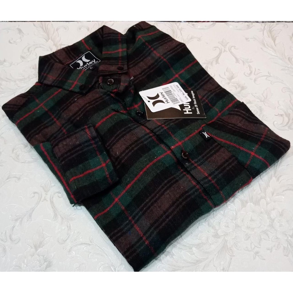 Hurley kemeja flanel surfing distro hitam kotak kotak lis biru lengan panjang kemeja flanel pria