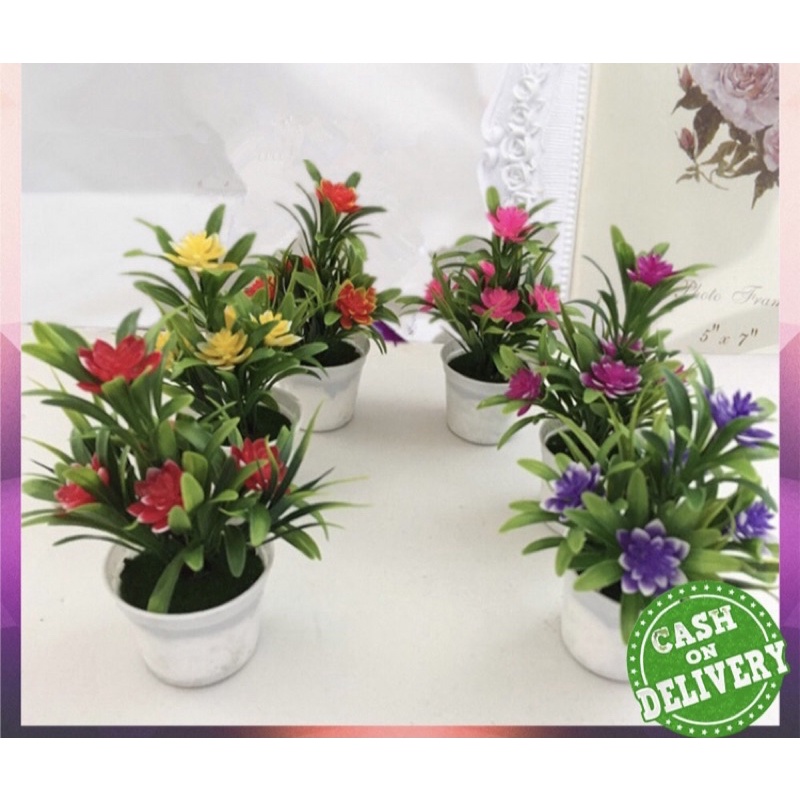 Bunga hias lotus mini kuntum rose mawar besar gratis pot putih daun panjang hiasan pajangan ruang ta