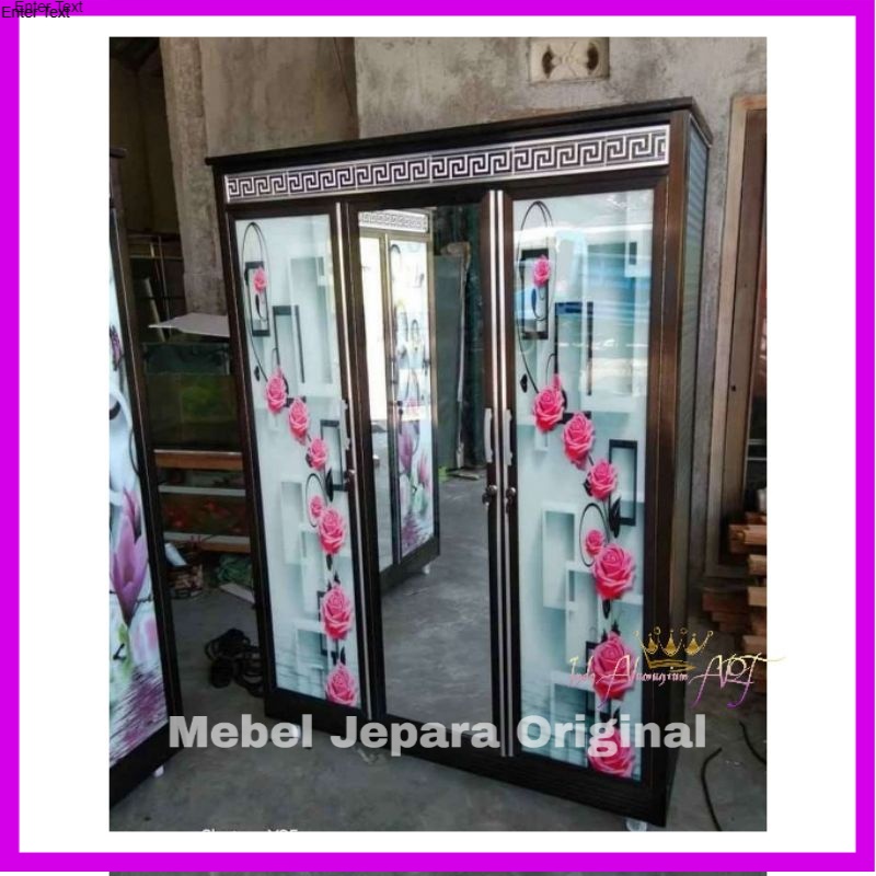Lemari Pakaian - Almari Baju 3 Pintu Kaca Cermin Motif Bunga Alumunium Modern