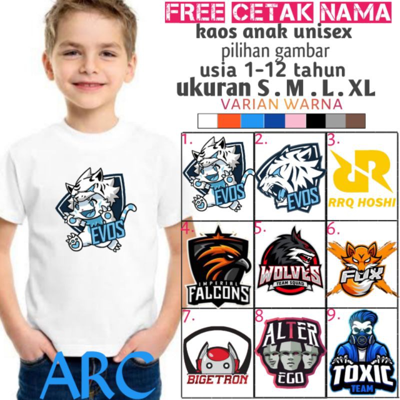 Kaos evos free fire team squad/baju anak evos ff/kaos team game Ff/ML/kaos anak laki laki/perempuan