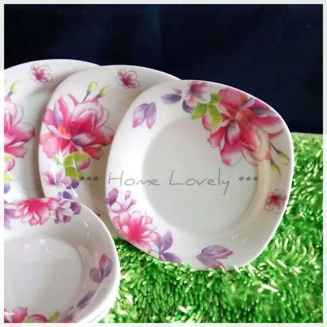 (6pcs) Piring Melamin Segi Cekung Unica 9 Motif Bunga / M5109