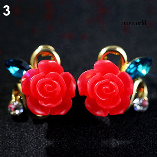 OW@ Women Cute Lady Rhinestone Resin Rose Flower Earrings Ear Studs Jewelry Gift