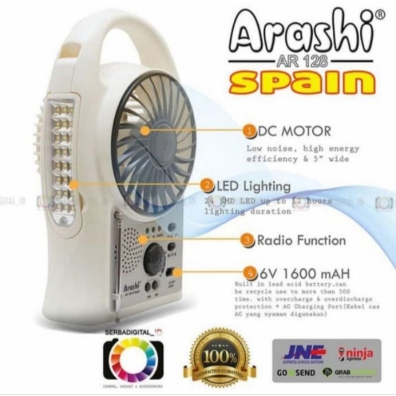 ARASHI Kipas Angin Emergency 5&quot; SPAIN + RADIO FM + Lampu LED 24 SMD