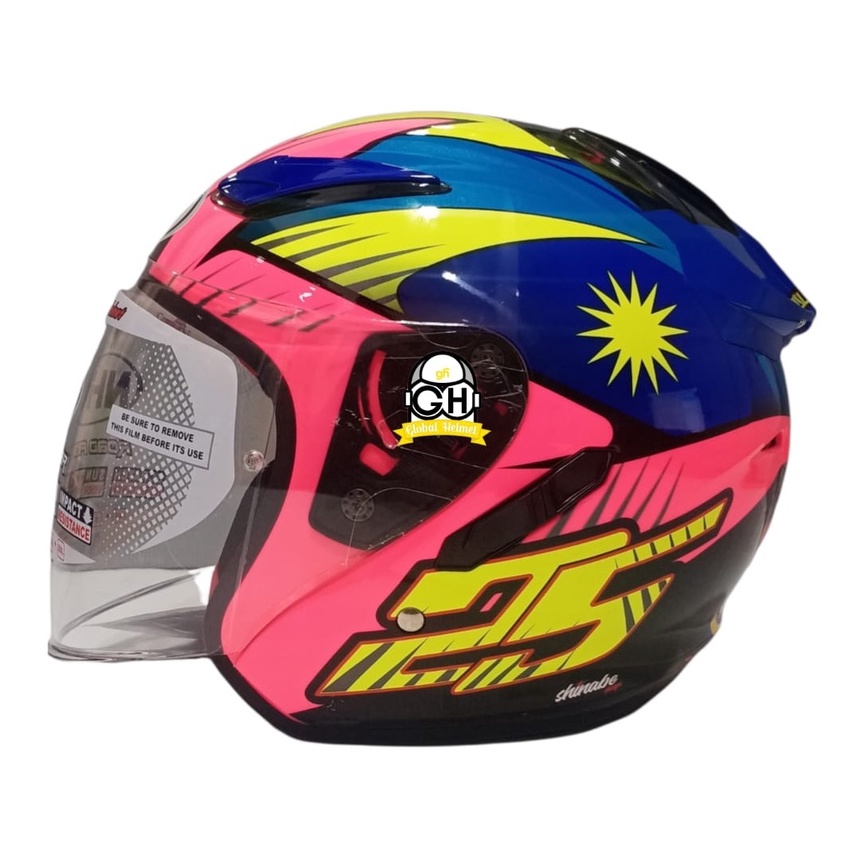 HELM NHK R1 AZLAN PINK FLO BLUE DOUBLE VISOR HALF FACE HELMET SNI