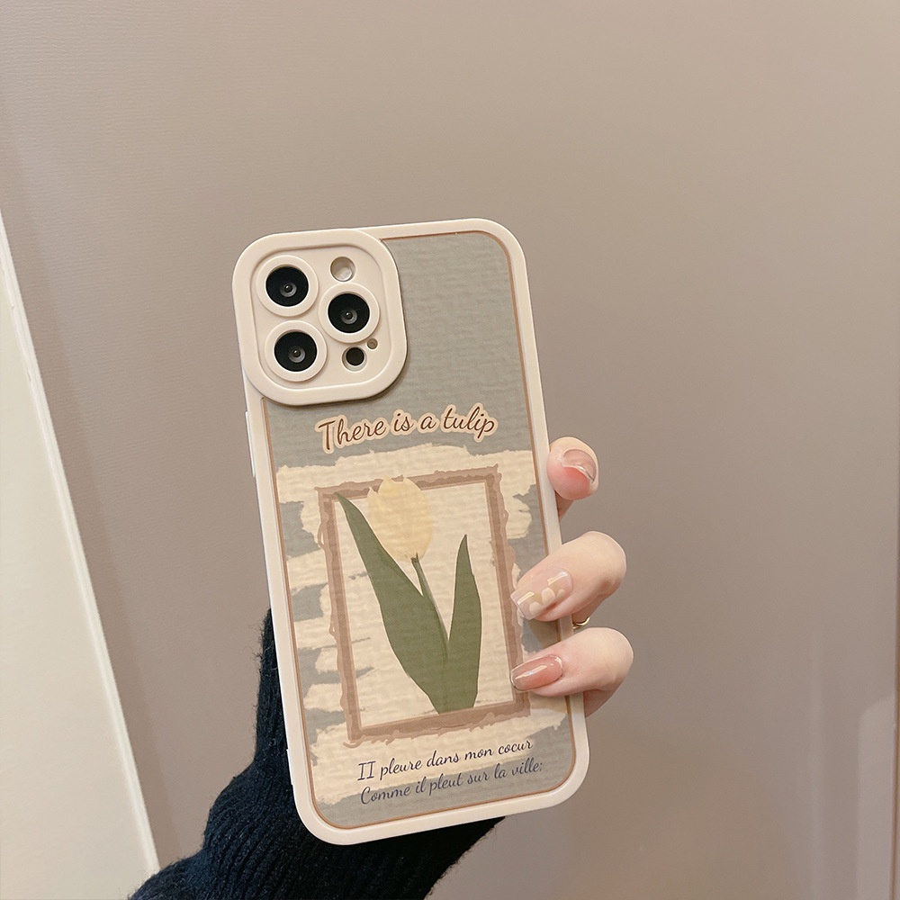 IPHONE Soft Case Handphone Bingkai Foto Tulip Putih Vintage Untuk Iphone7 8 PLUS X XR XS 11 12 13 14 MINI PRO MAX SE 2020 Cover