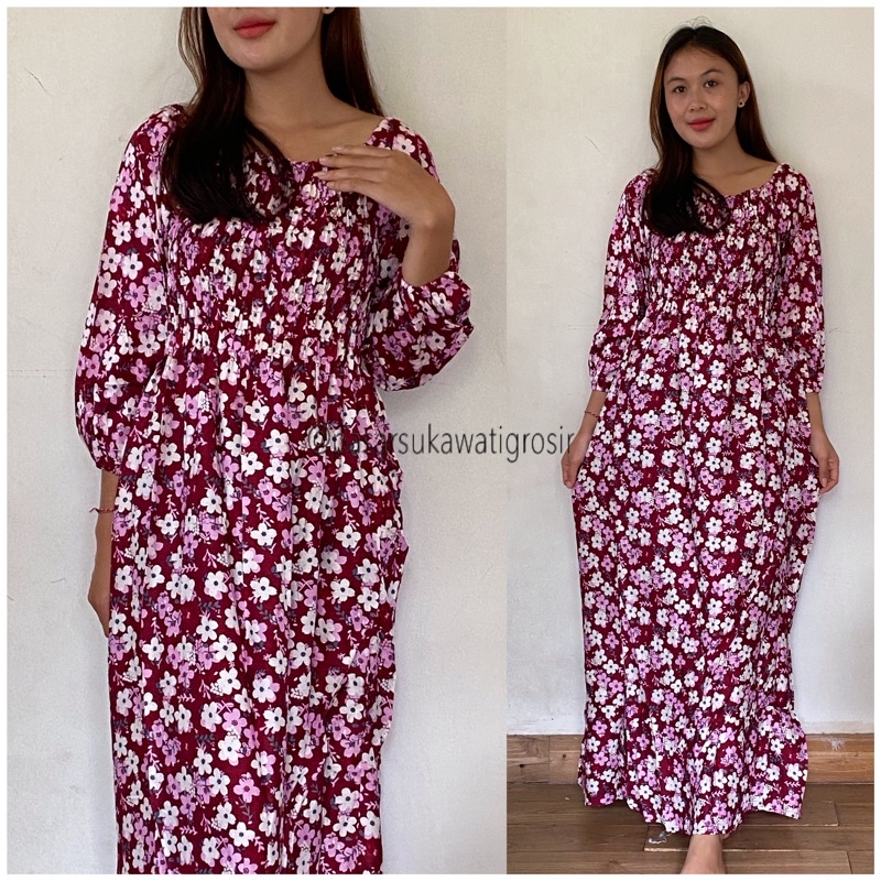 LONG DRESS GAMIS BALI LENGAN PANJANG RUFFLES REMPEL BAWAH CASUAL DRESS PANTAI RAYON MOTIF ADEM