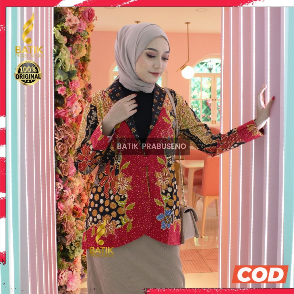 BLAZER TRUNTUM Tunik Batik Wanita Modern Asli Prabuseno Lengan Panjang Katun Halus Seragam Kerja Kantor Keren Jumbo Kekinian COD