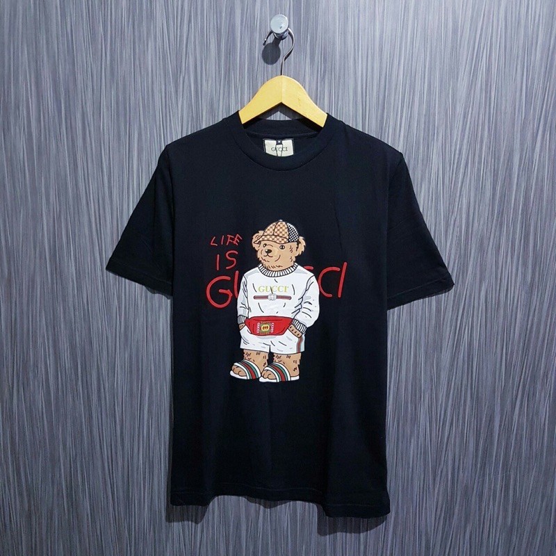 BAJU KAOS UNISEX GUCCI BEAR LIFE IS GUCCI PARODY TER KUALITAS PREMIUM - BLACK