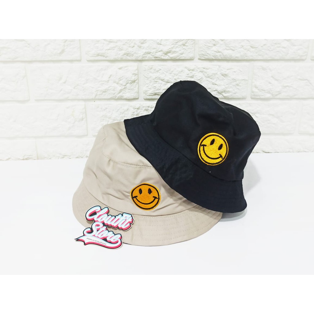 Topi Bucket Bordir Smile Emot Emoji Emoticon Yellow Buckethat
