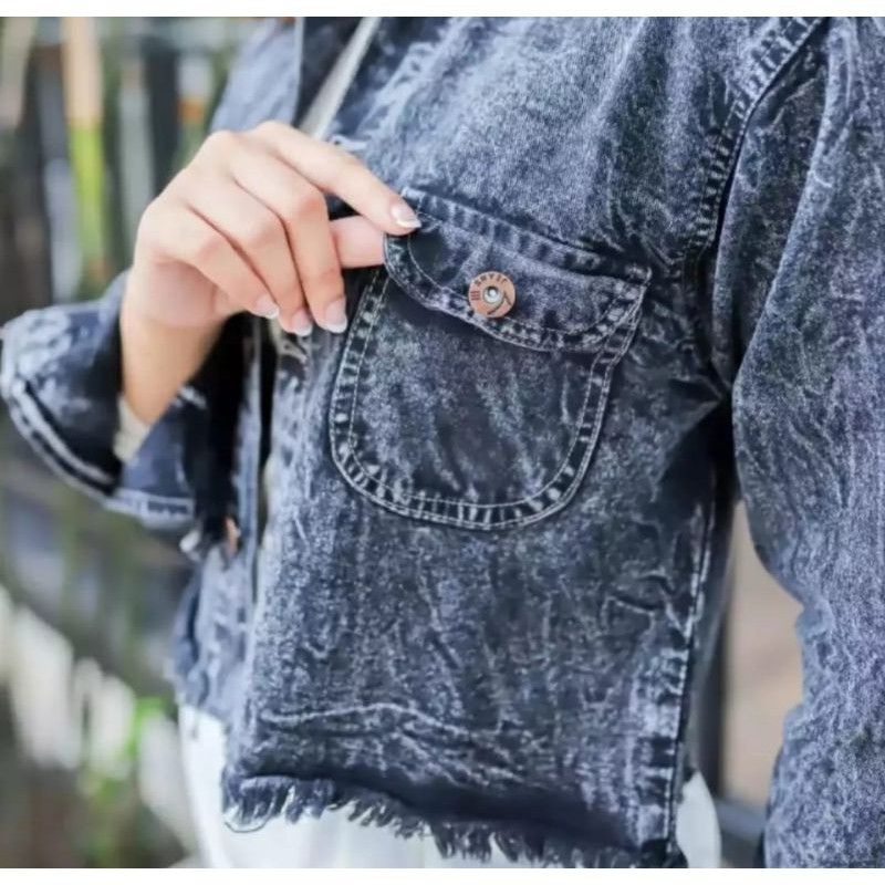 Jaket Crop Jeans Wanita Rawis Jaket Jeans Cropped Premium