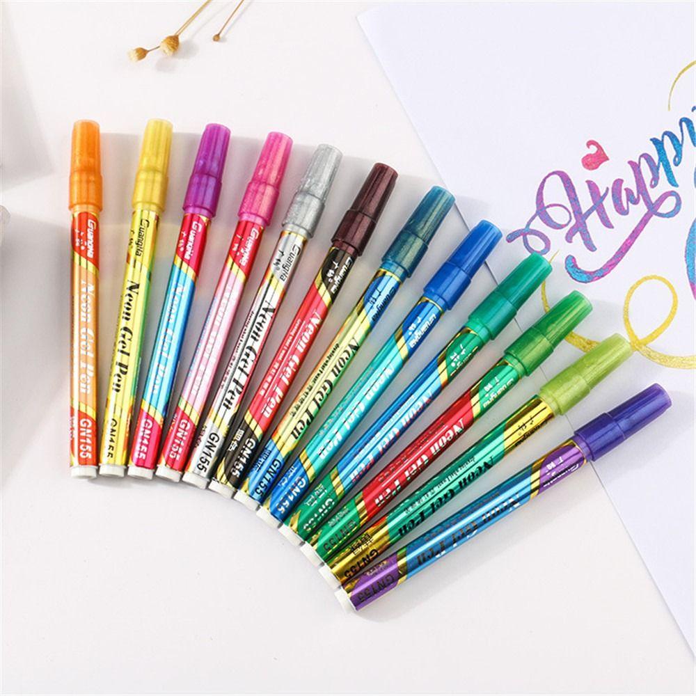 Preva 12warna Stabilo Alat Gambar Tangan Akun Tanda Kunci Double Line Painting Lukisan Glitter Pen