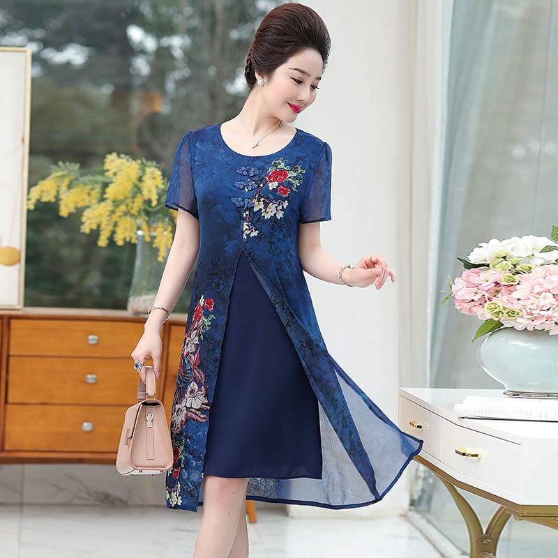 Cheongsam Dress Gaun Ibu Sifon Bigsize 5XL BB 90 KG Ukuran Besar Longgar Biru Merah Rok