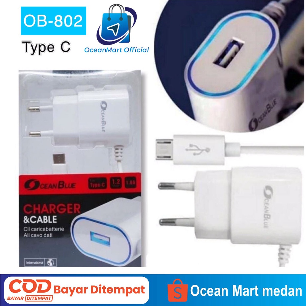 Travel Charger HP Ocean Blue OB-802 Kabel Type C Adapter Fast Charging 1Amper Aksesoris Handphone HP OCEANMART OCEAN MART Murah Grosir