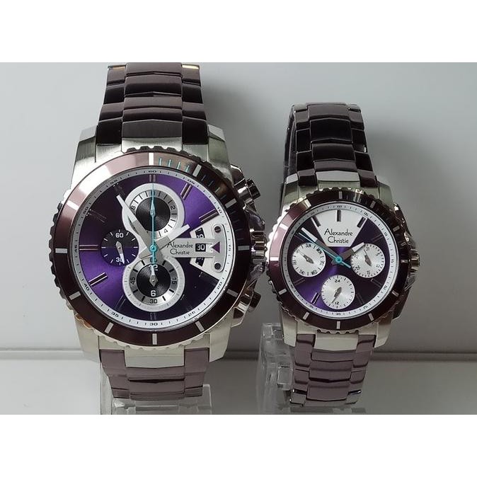 SALEE JAM TANGAN COUPLE ALEXANDRE CHRISTIE AC 6455 SILVER PURPLE ORIGINAL 