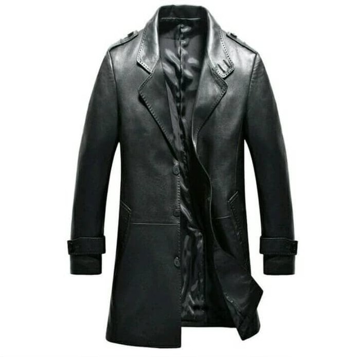 jaket blezer kulit semi panjang keren. jaket jubah kulit semi pria