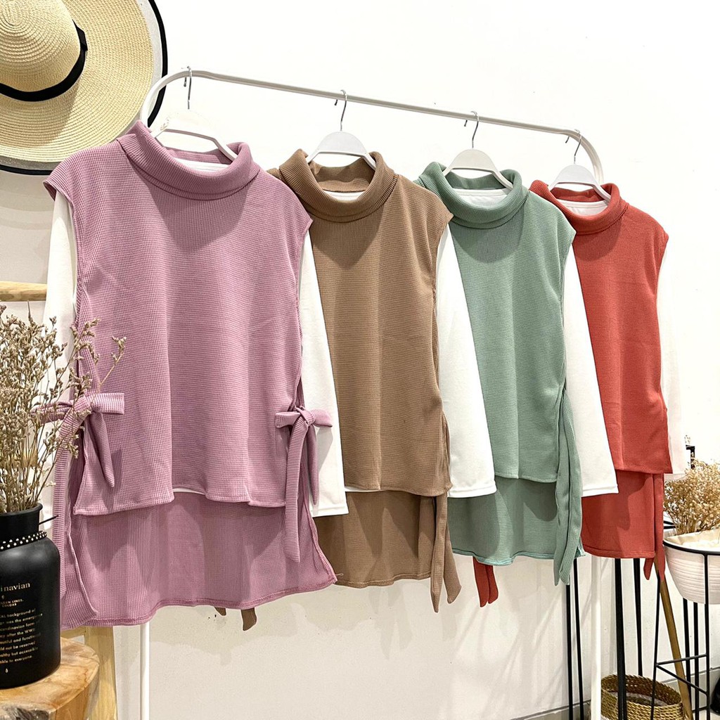 Rompi Turtleneck Uniglow set 2 in 1 / Stelan Blouse dan Rompi Tali Polos Wanita