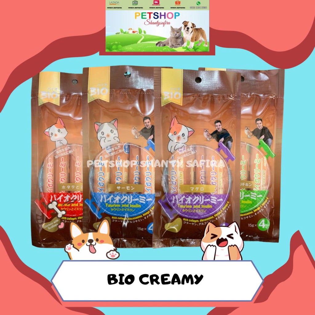 SNACK KUCING LIQUID BIO CREAMY PLUS TAURIN DAN INULIN BIO CREAMY TREATS 1 SHACET ISI 4 PCS Baim Wong setara meo creamy treats