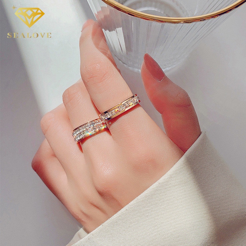SEALOVE Cincin titanium baris mata full anti karat anti luntur Cincin Couple Berlapis Emas 18k Hadiah Berlian Premium untuk Wanita