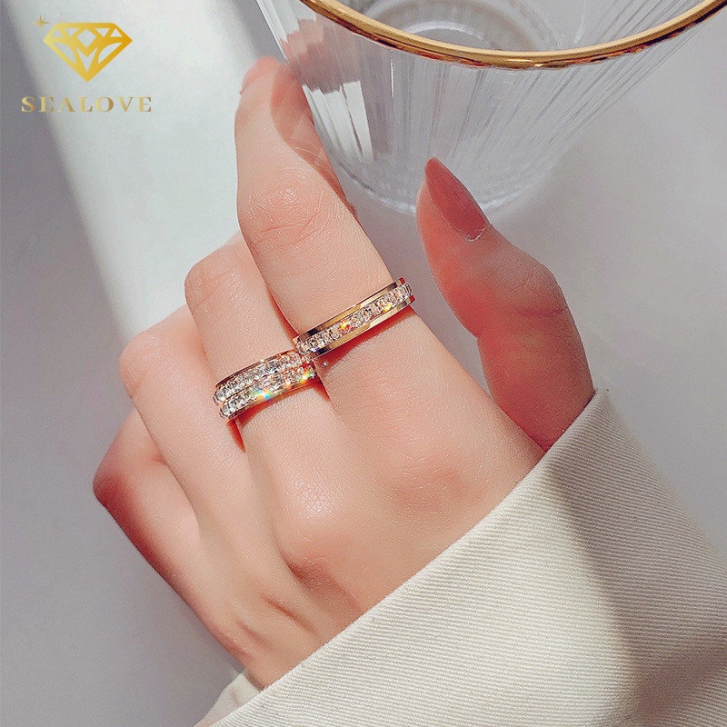 SEALOVE Wanita Titanium Cincin Anti Karat 18K Emas Penuh Berlian diamond ring Perhiasan Premium Korea Hadiah