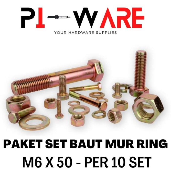 Paket Set Baut Mur Ring M6 6mm x 50mm ( 6x50 ) Per 10 Set