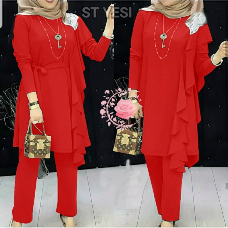ST YESI/ SETELAN WANITA HIJAB SIZE L, XL, 2XL/ ONE SET BAHAN MOSSCREPE/ SET WANITA LENGAN PANJANG TERBARU-CABE