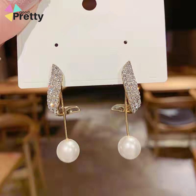 Elegan Berlian Mutiara Fashion Sederhana Temperamen Wanita Anting Rumbai Panjang - PD