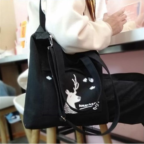 Twenty Bag - Tas Tote Bag Wanita Resleting Terbaru 2022 Aesthetic Kekinian Motif Carakter DEER SNOW Korea Style Multifungsi