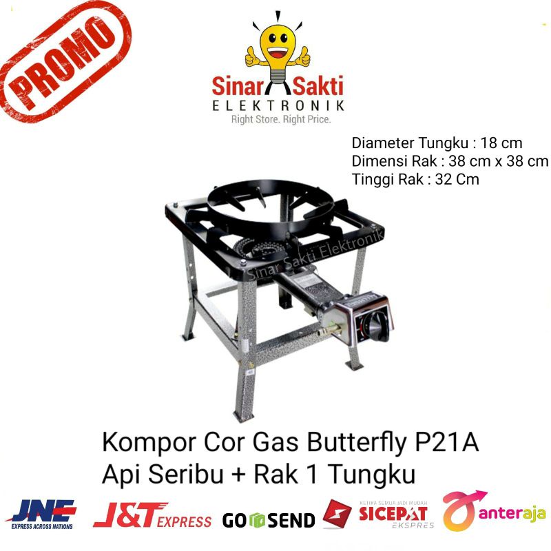 Kompor Cor Gas Butterfly P21A Api Seribu Komersial Depot + Rak 1 Tungku Malang Komersil