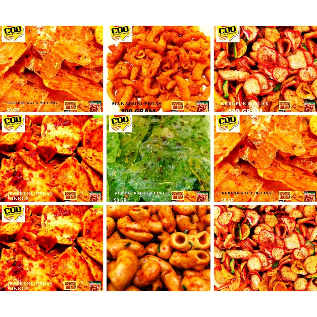 

< COD > ANEKA CEMILAN PEDAS / KERIPIK KACA / BASRENG PEDAS / MAKRONI / SEBLAK 100 GRAM