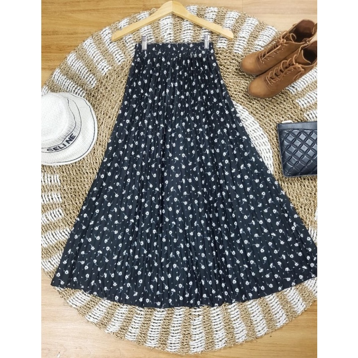 GS-ROK PLISKET DAISY PREMIUM / LILY DAILY PREMIUM /ROK PLISKET PANJANG/ROK PLISKET MOTIF BUNGA-MELATI PUTIH HITAM