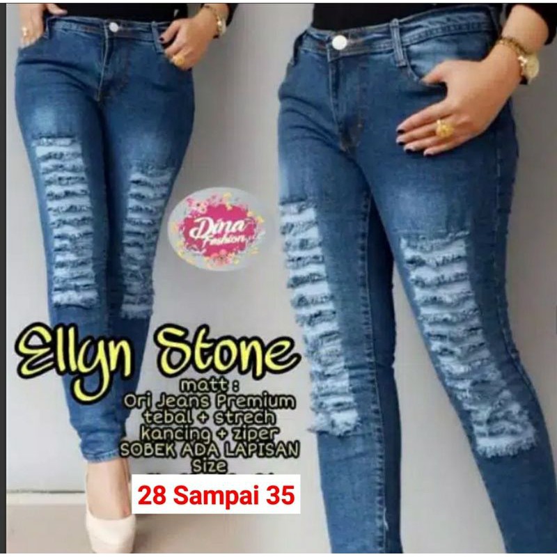 CELANA PANJANG SOBEK LAPIS JEANS WANITA . RIPPED JEANS WANITA . JEANS SOBEK TIDAK TEMBUS BIO STONE