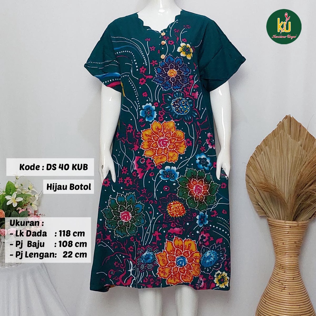 COD DS40 KUB | Daster Batik Kencana Ungu Asli Label Biru Ukuran Jumbo | Baju Santai Tidur Wanita Dewasa Kancing Depan Busui Friendly Motif Terbaru-Hijau Botol C