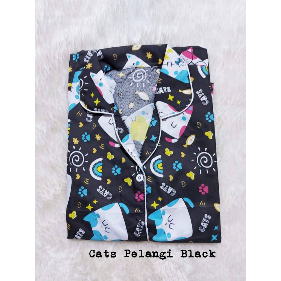 Setelan Piyama Baju Tidur PP High Quality Ld 104 Cm Dewasa-CATS PELANGI BLACK