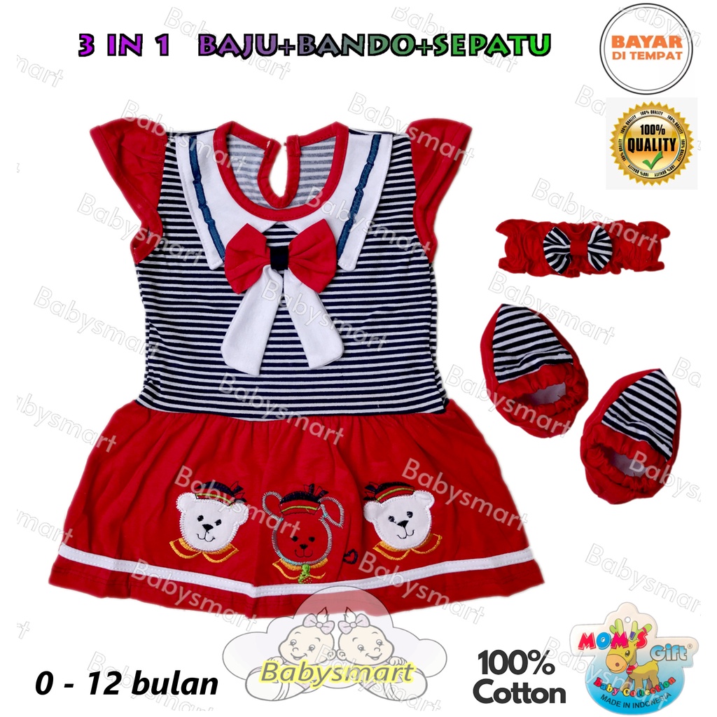 Babysmart - Baju bayi/Anak Perempuan Dress+Bando+Sepatu motif SAILOR 1038 Mom's Gift SNI usia 0 -12 bulan / Pakaian anak