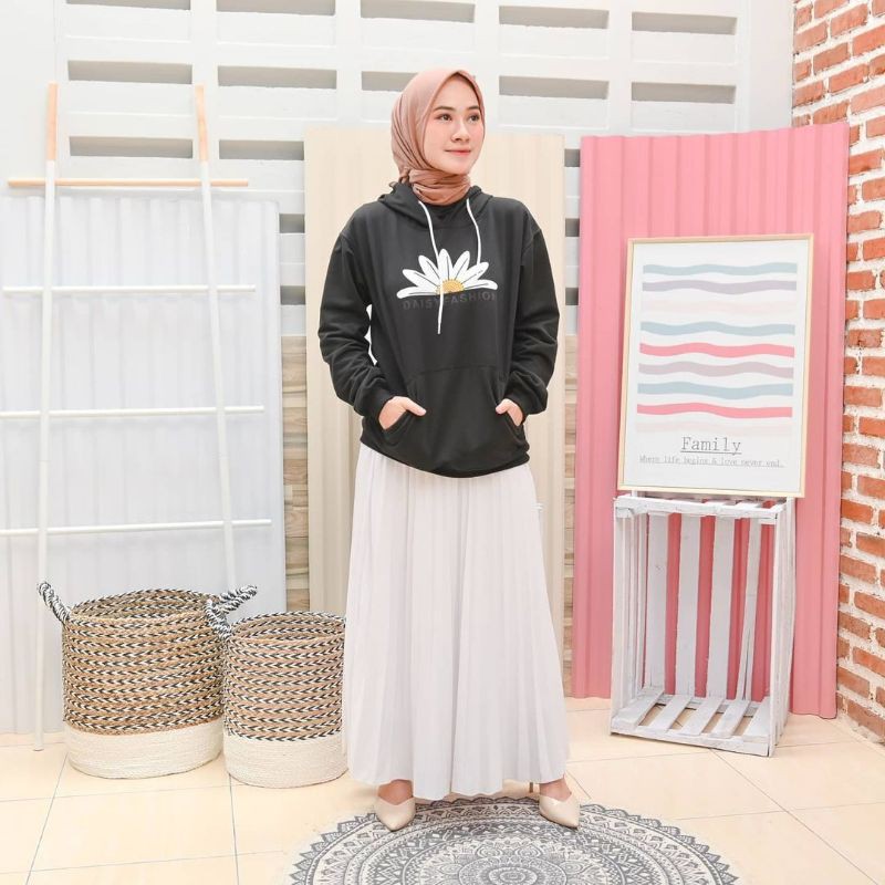 DAISY FASHION Sweater Hoodie Wanita Bahan Fleece-Hitam