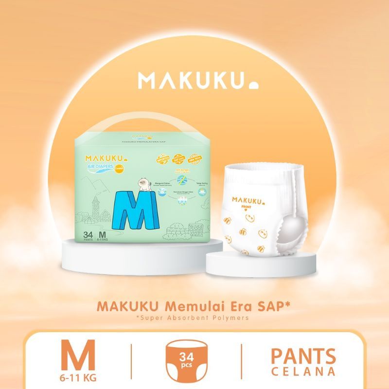 (PROMO) MAKUKU AIR DIAPERS COMFORT+ / POPOK HALUS / LEMBUT / ANTI GUMPAL CELANA SIZE M 34