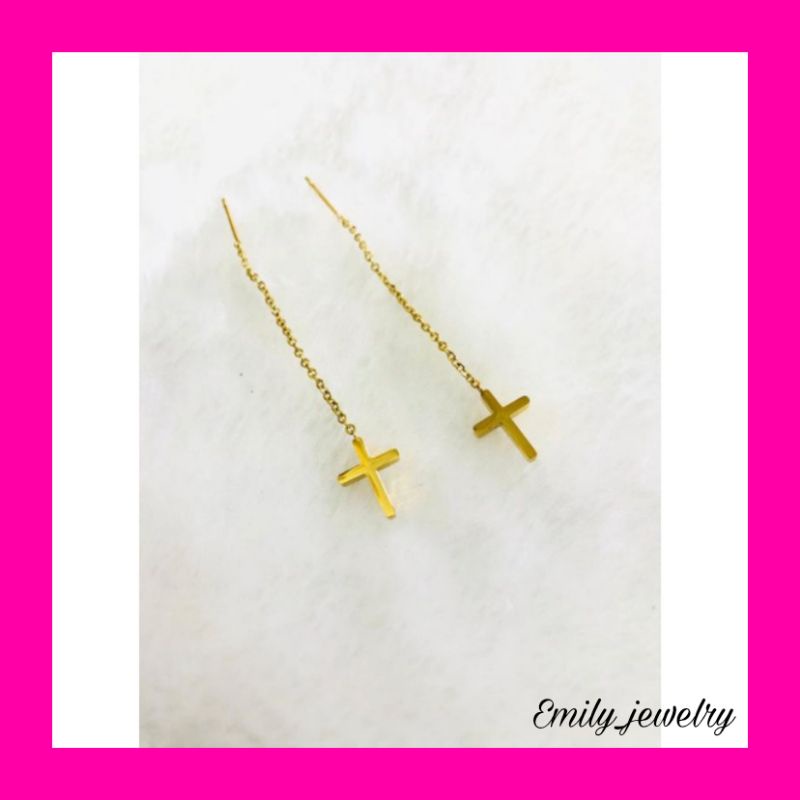 Anting Titanium Tusuk Jarum Panjang Rumbai ( Motif Salib )