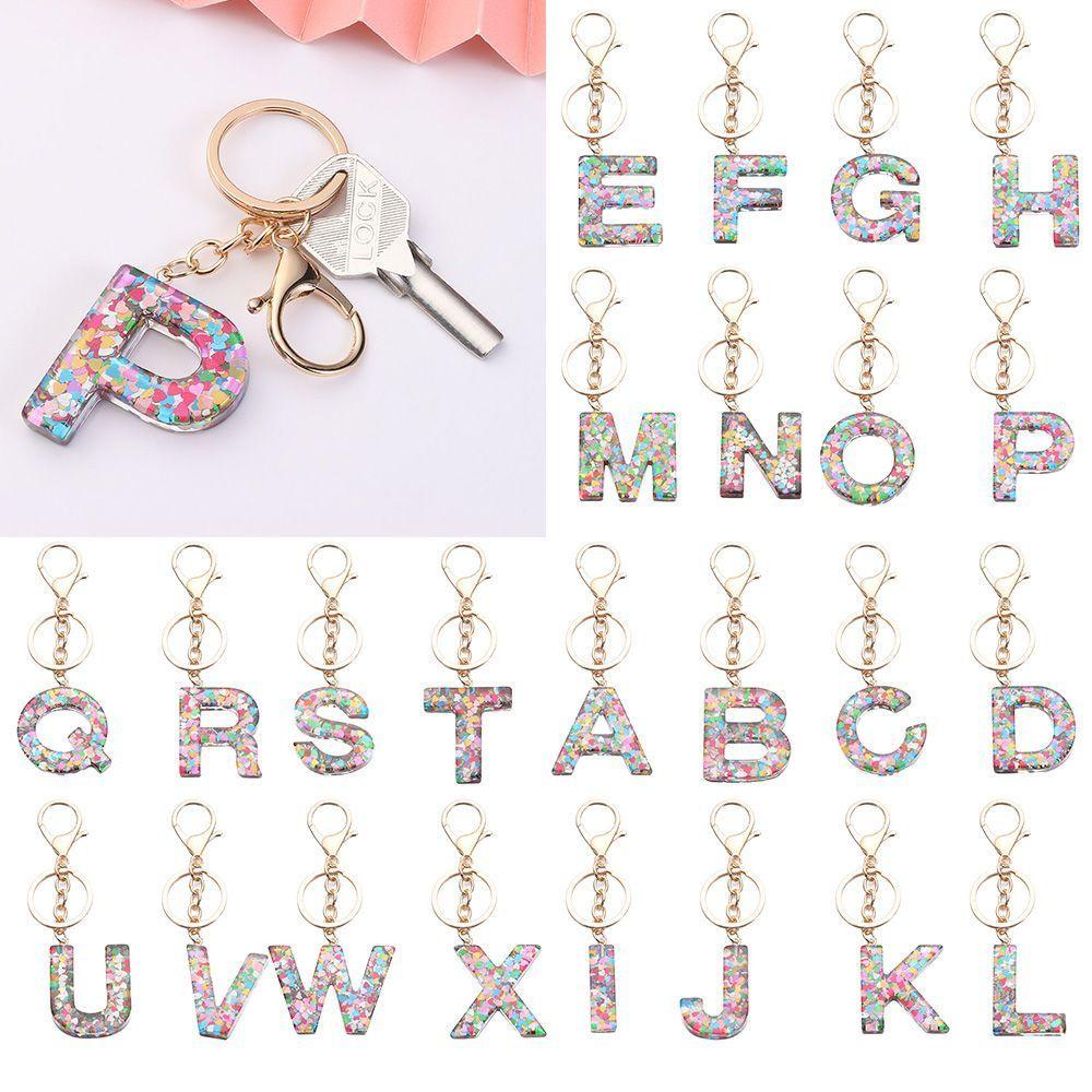 AUGUSTINA 26huruf Gantungan Kunci Cinta Hati Sequin Trinket Aksesori Diy Ornamen Handbag Charms Hanging Decoration Handbag Pendant English Alphabet Keyring