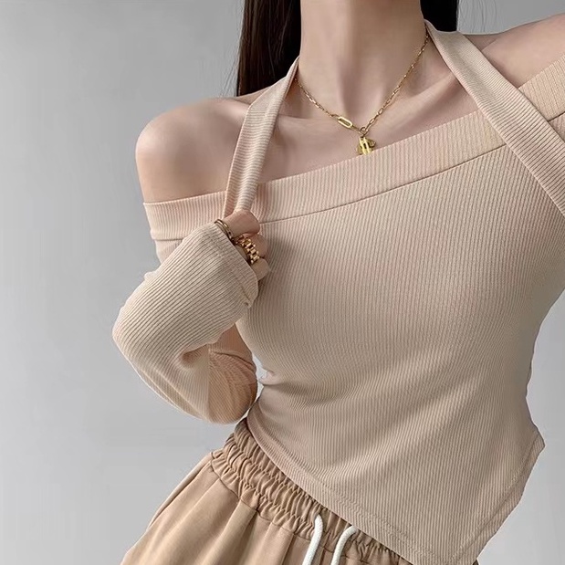 【LIVIAHOME】Halter Neck Tie Off-Shoulder Asymmetric Hem Crop Tee 7284 (S-L)