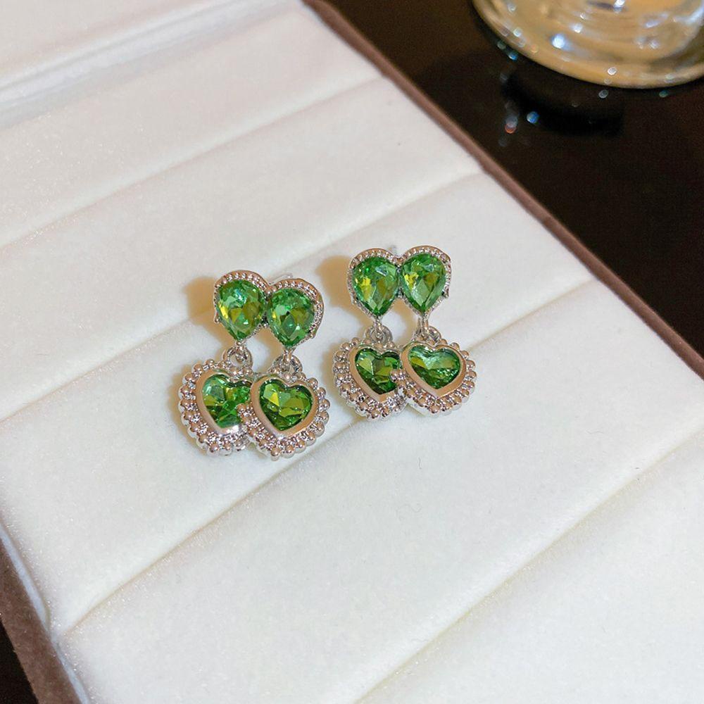Needway Wanita Drop Earrings Pesta Ins Tetesan Air Double Hati Berlian Imitasi Temperamen Menjuntai Anting
