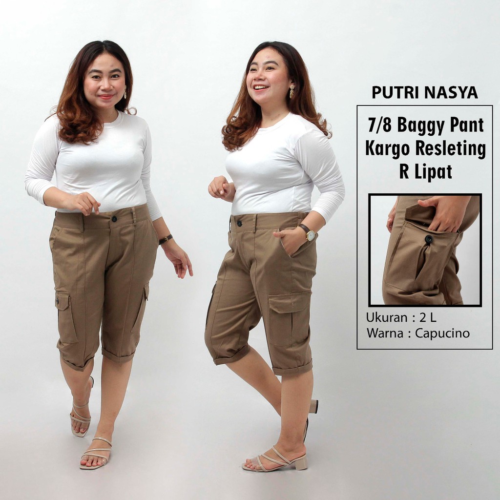 Putri Nasya - Celana Big Size Pendek 7/8 Kargo Ukuran 8L, 6L, 5L, 4L, 2L, XL, S fit to L Warna Moca Capucino Cream Hitam Abu Tua Muda