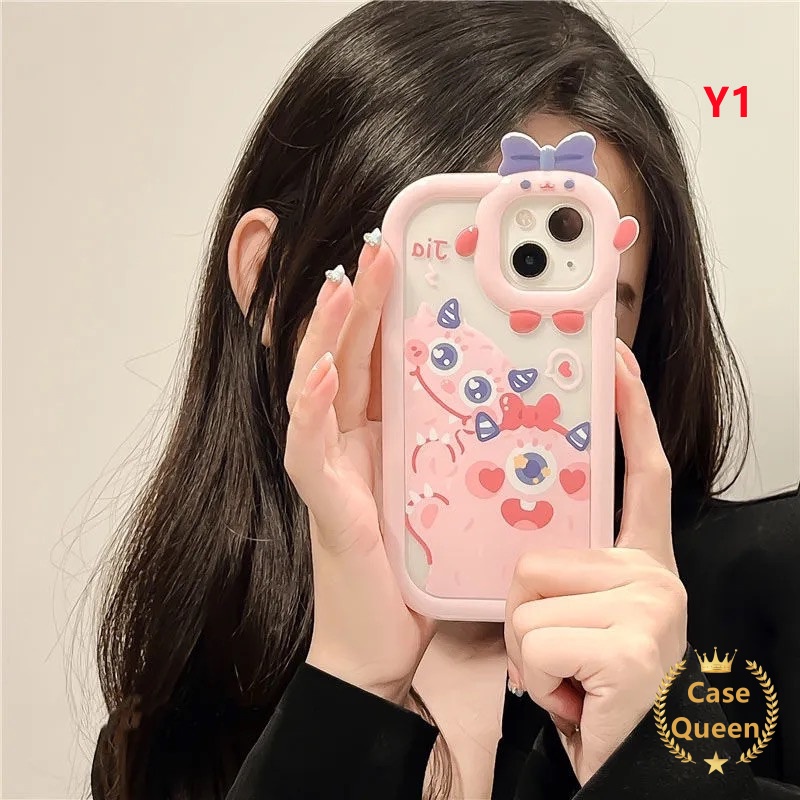 Case OPPO A7 A17 A17 A5S A12 A16 A57 A55 A9 A15s A54 A15 A5 A16s A3S A12E A53 A74 A17K A95 A16K A16E A52 A92 A96 A76 Reno 5F 4F A31 Kartun Monster Bow-knot Monster Kecil Tutup Lensa