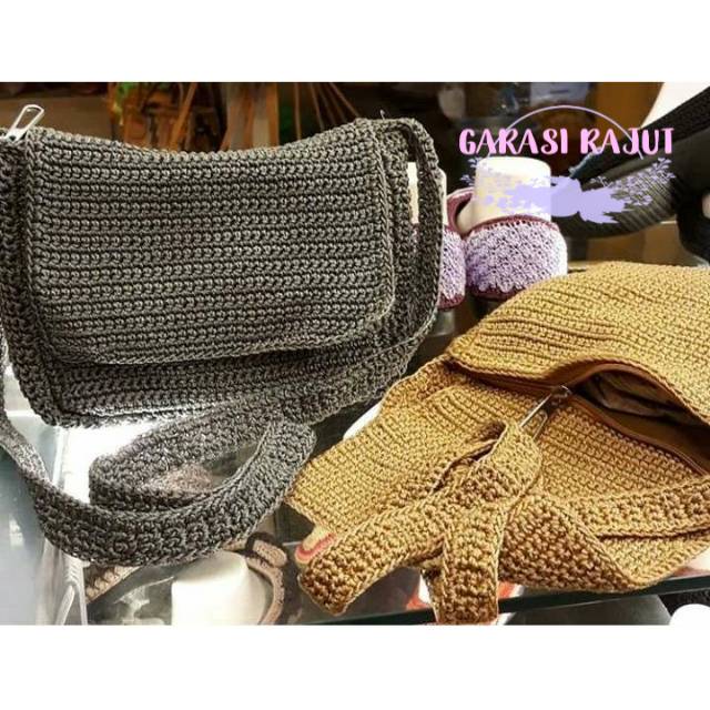 Tas Rajut Wanita Selempang Silvy Abu Abu Slingbag Tutup Tali Full Nilon Murah