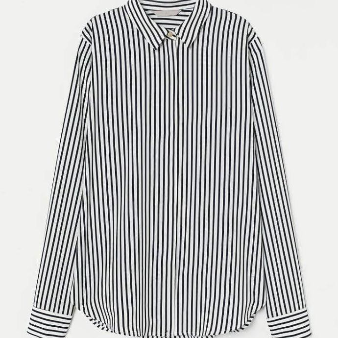 CA KEMEJA WANITA BRANDED - H&M LS STRIPE WHITE BLACK - 50