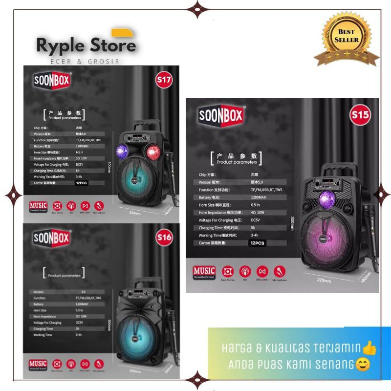 Speaker Bluetooth SOONBOX S15, S16, S17 Free Mic / Spiker soonbox S15, S16, S17 Soundbarr Extra Bass