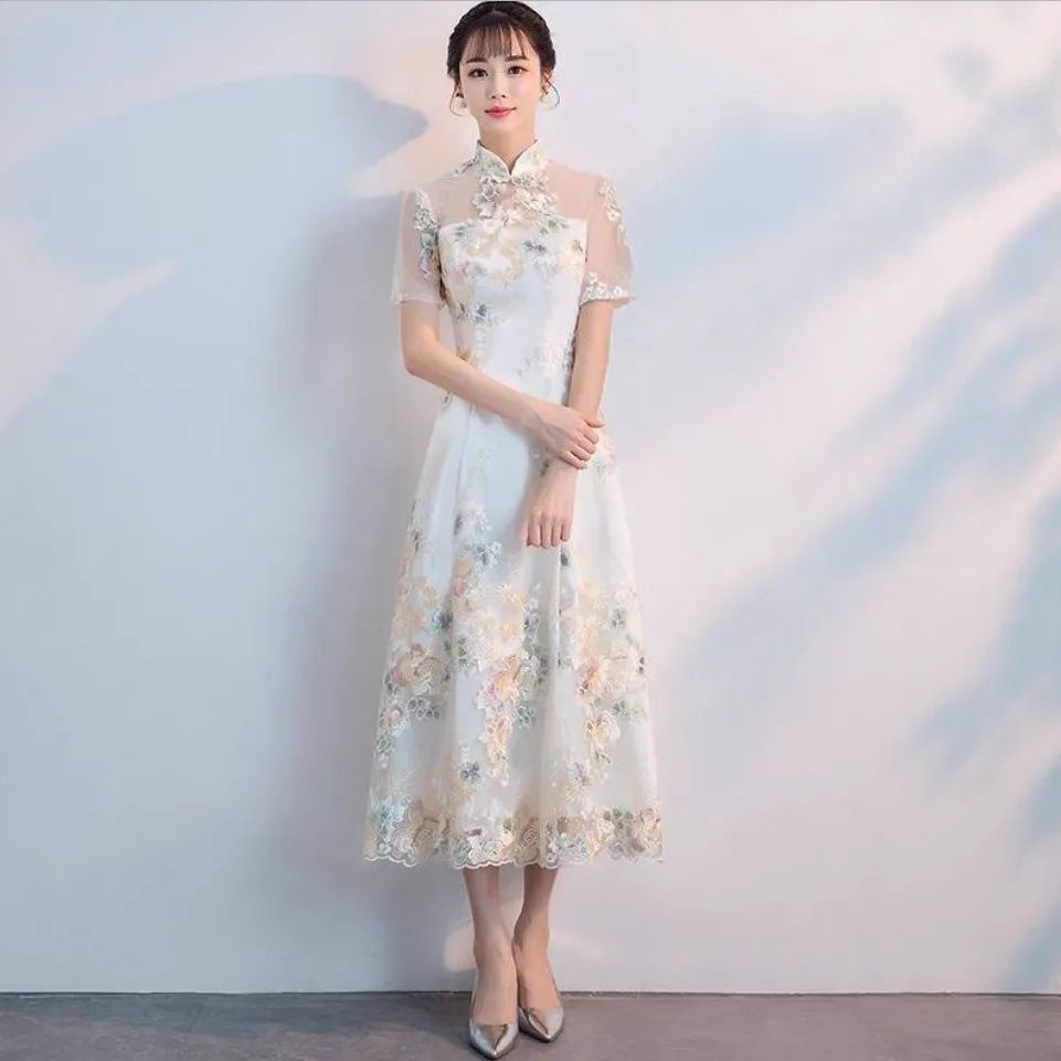 Cheongsam modified lace belly covering slim medium and long dress banquet evening dress short sleeve