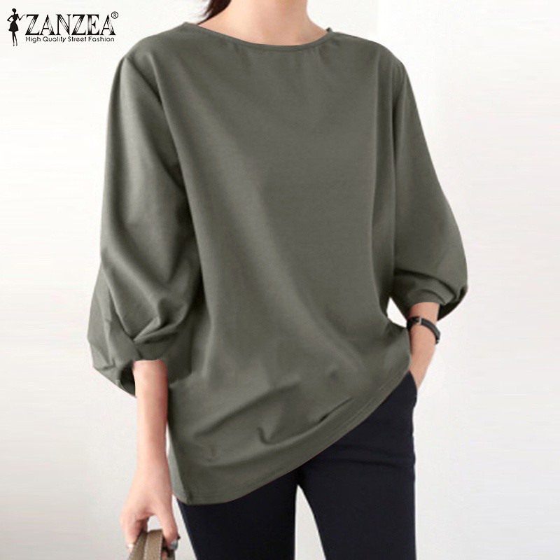 ZANZEA Women Casual Fashion Solid Color 3/4 Sleeve O Neck Baggy Blouse