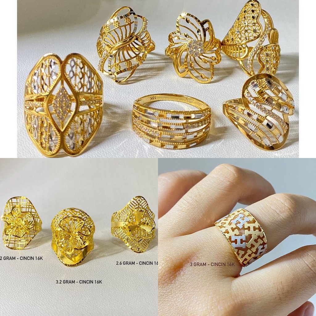 Cincin anak dan dewasa emas asli kadar 70 16k lebar kerawang bunga tanpa mata permata kombinasi krum 2 warna mix whitegold doff Herme S diamond kuning putih gold besar